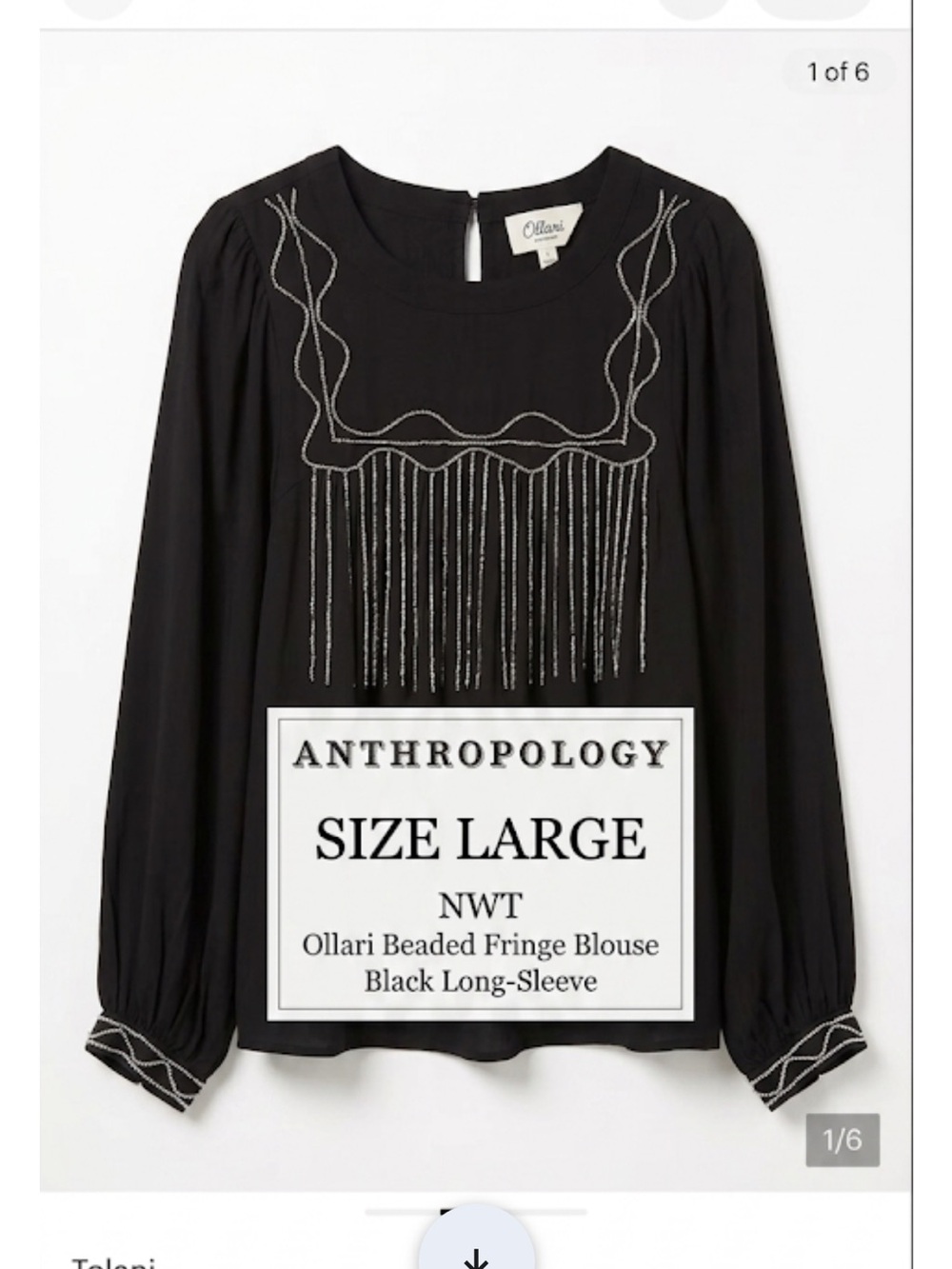 Ollari Anthropology Black Beaded Fringe Long-Sleeve Blouse nwt 25 ptp